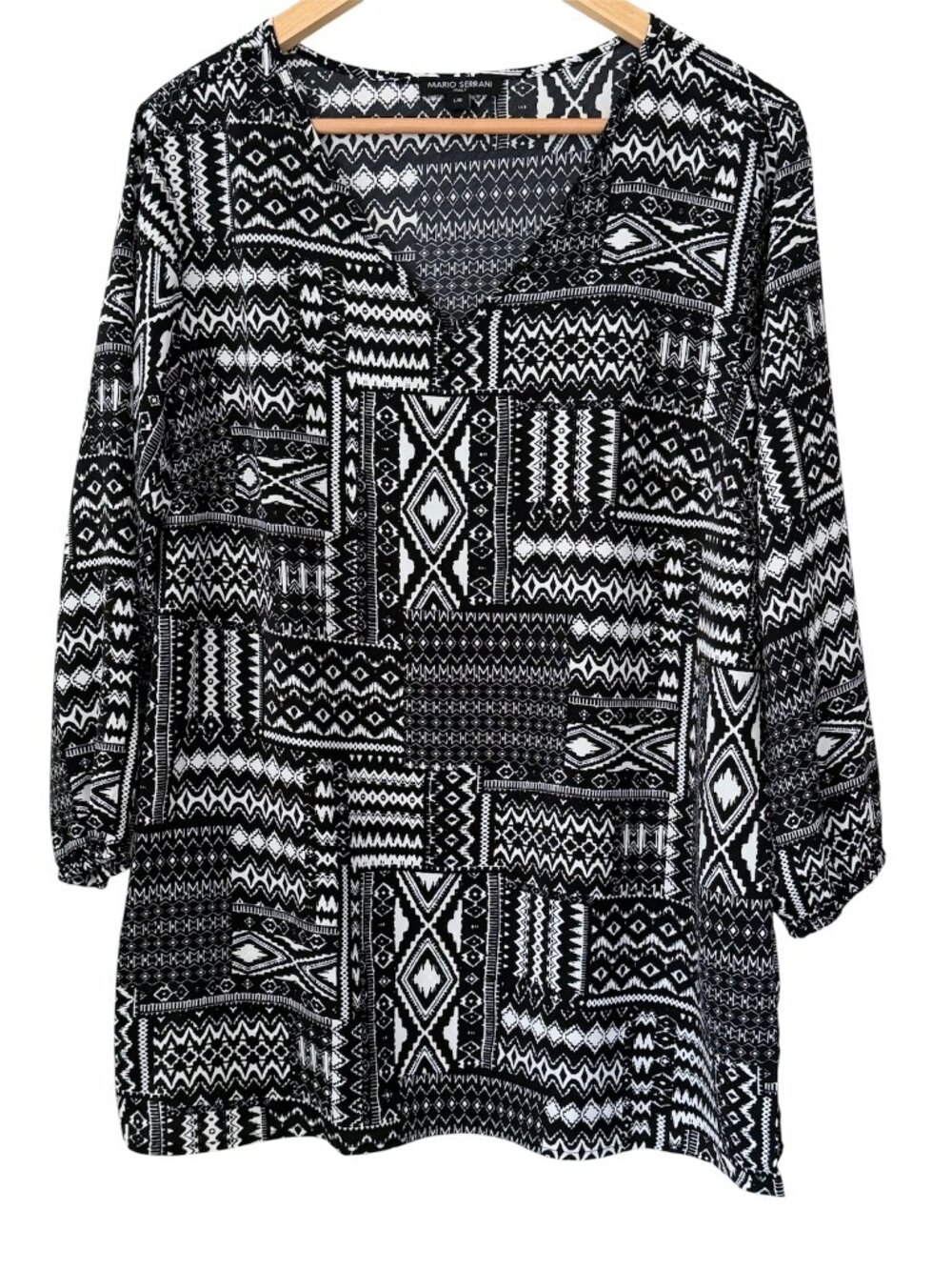 Mario Serrani V-Neck Geometric Patchwork Tunic 3/4 Length Sleeve Blouse Size L